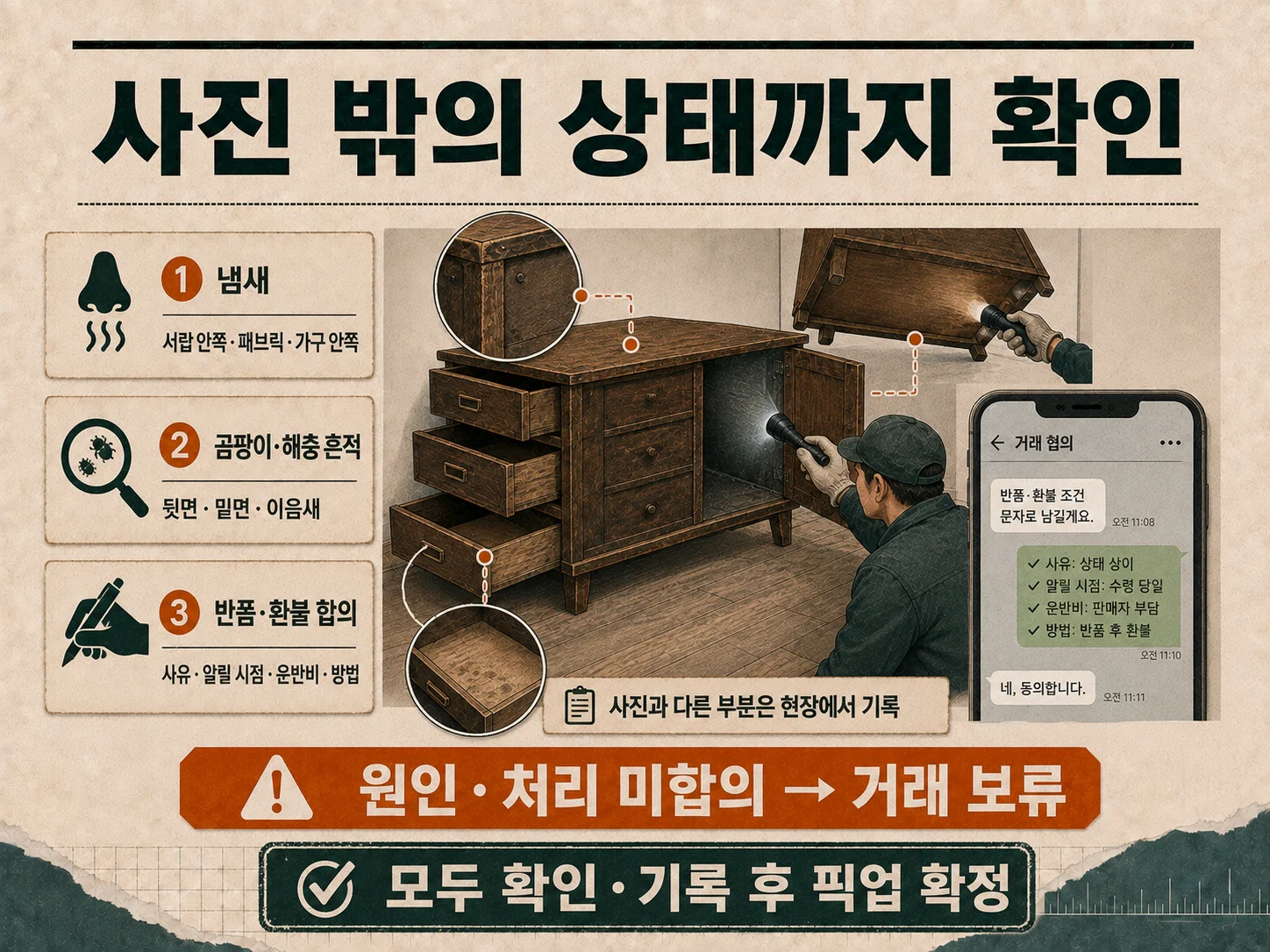 중고 가구 냄새·곰팡이·해충 흔적과 반품 조건 확인