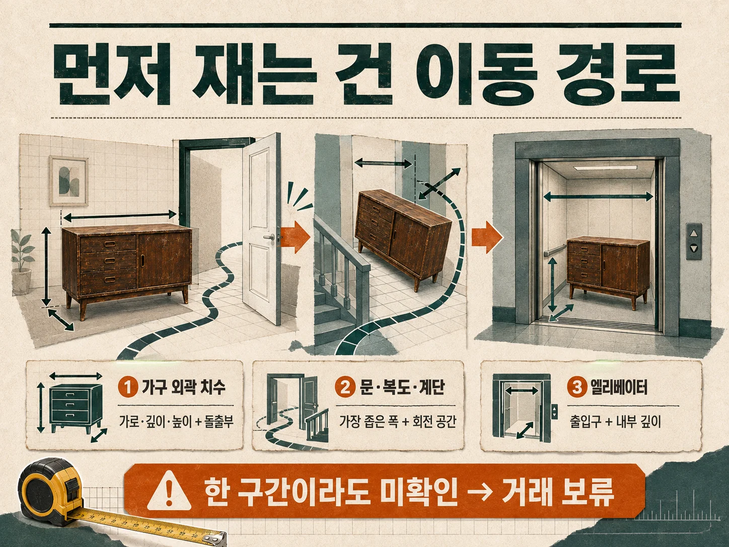 중고 가구 이동 경로의 현관·복도·엘리베이터 치수 확인