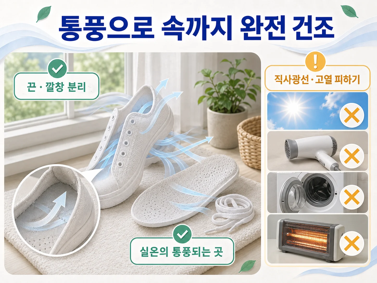 흰 운동화를 직사광선과 고열 없이 통풍 건조하는 방법