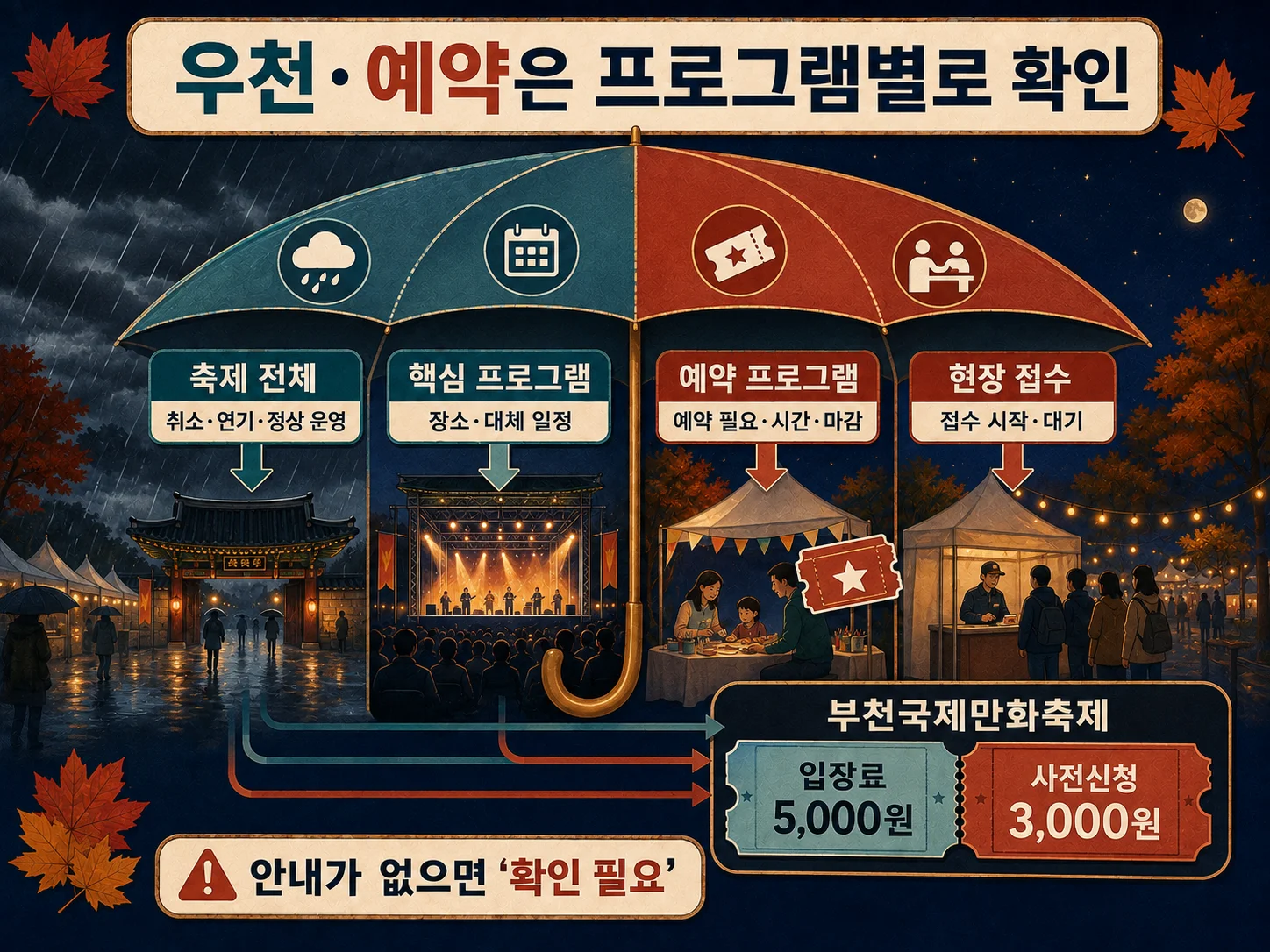 - 축제 우천취소 공지와 프로그램별 예약 여부를 확인하는 장면