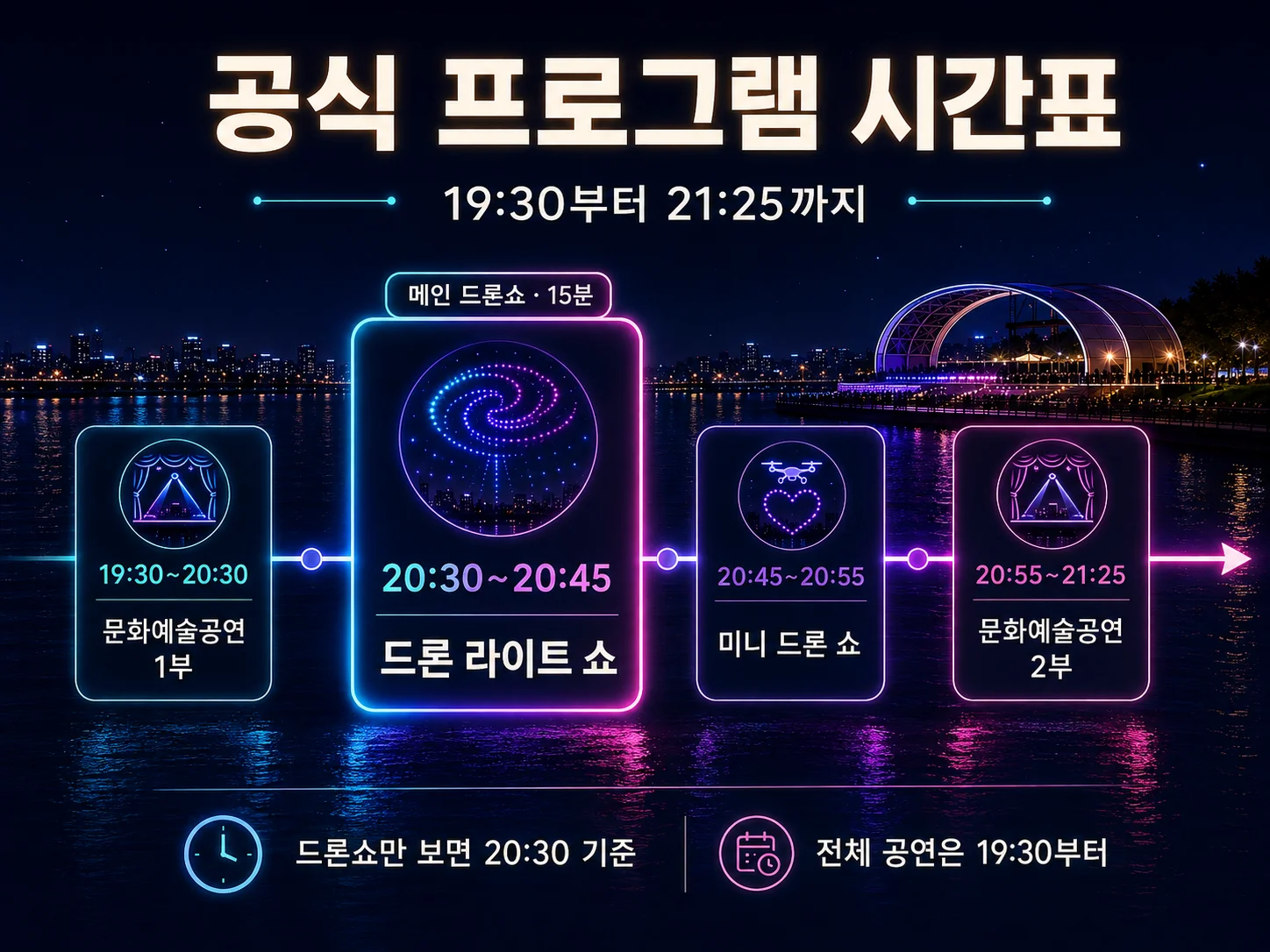 - 드론 라이트 쇼 관람 시간과 공식 프로그램 순서