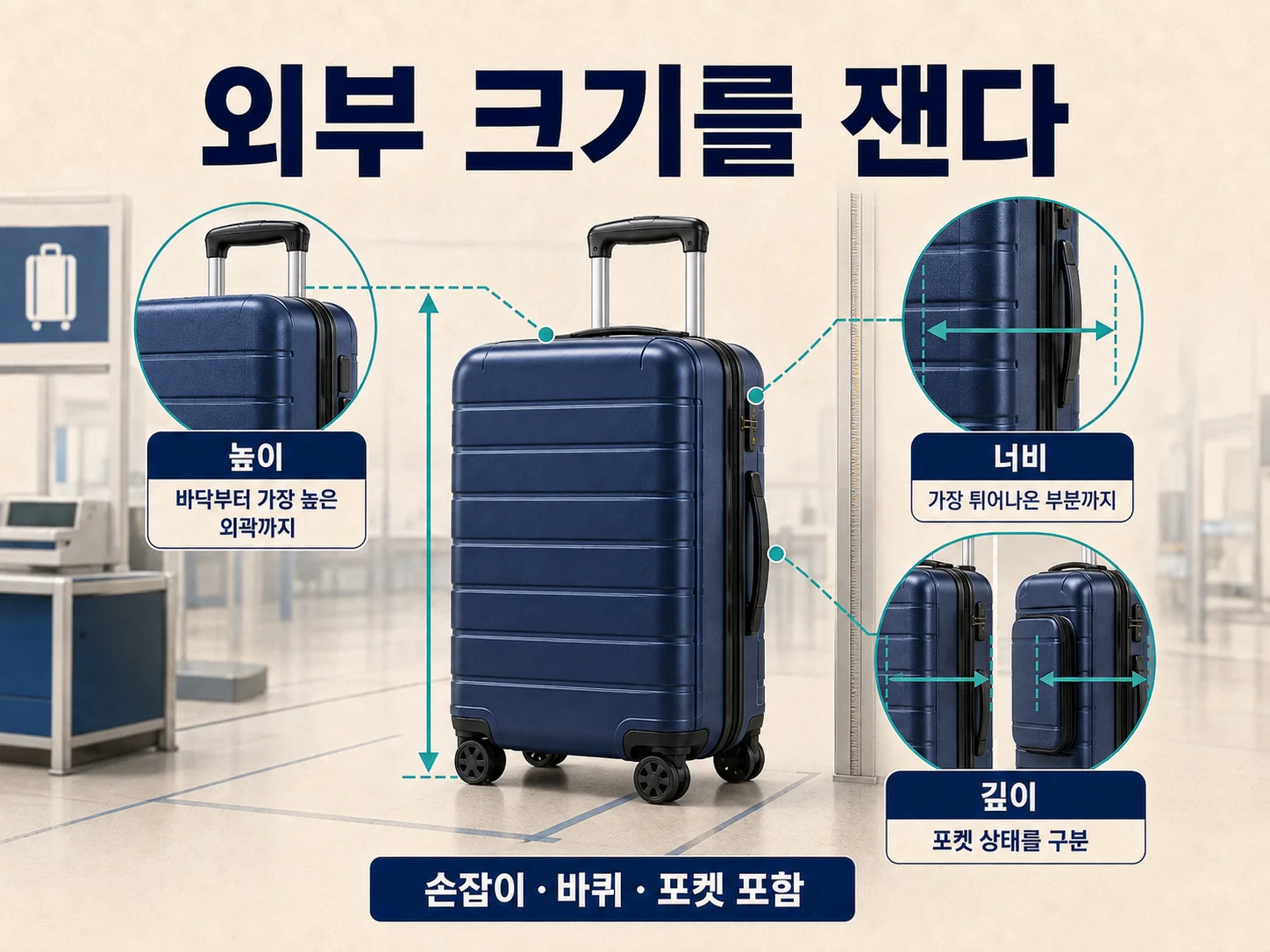 손잡이와 바퀴를 포함해 기내용 캐리어 외부 크기 측정