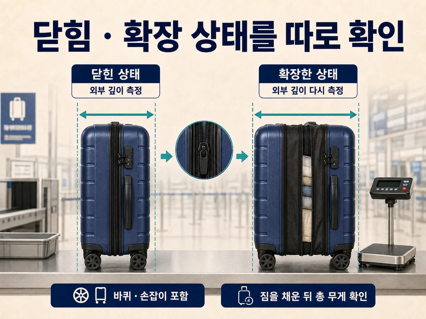 확장 지퍼 닫힘·열림 상태별 기내용 캐리어 깊이 확인