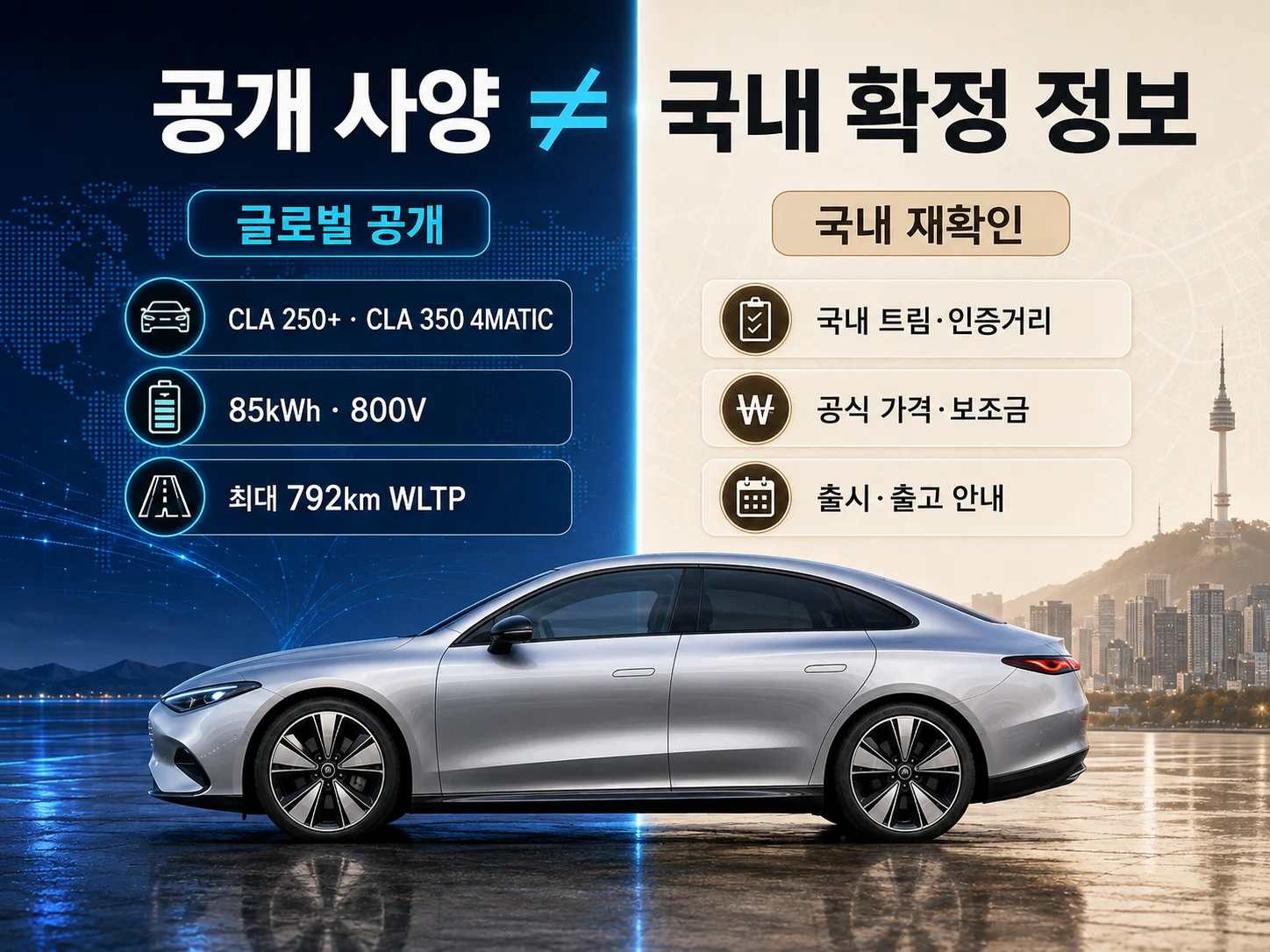 벤츠 CLA 전기차 글로벌 공개 사양과 국내 확정 정보를 구분하는 비교표