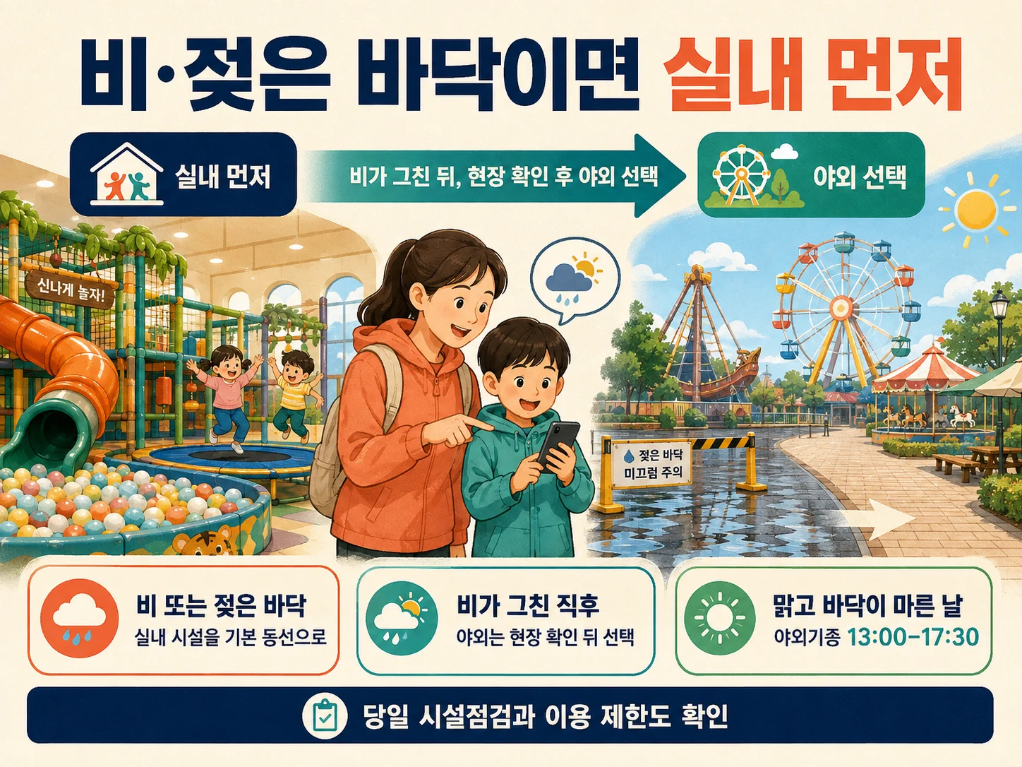 두리랜드 비 오는 날 실내 시설과 맑은 날 야외 시설 이용 계획