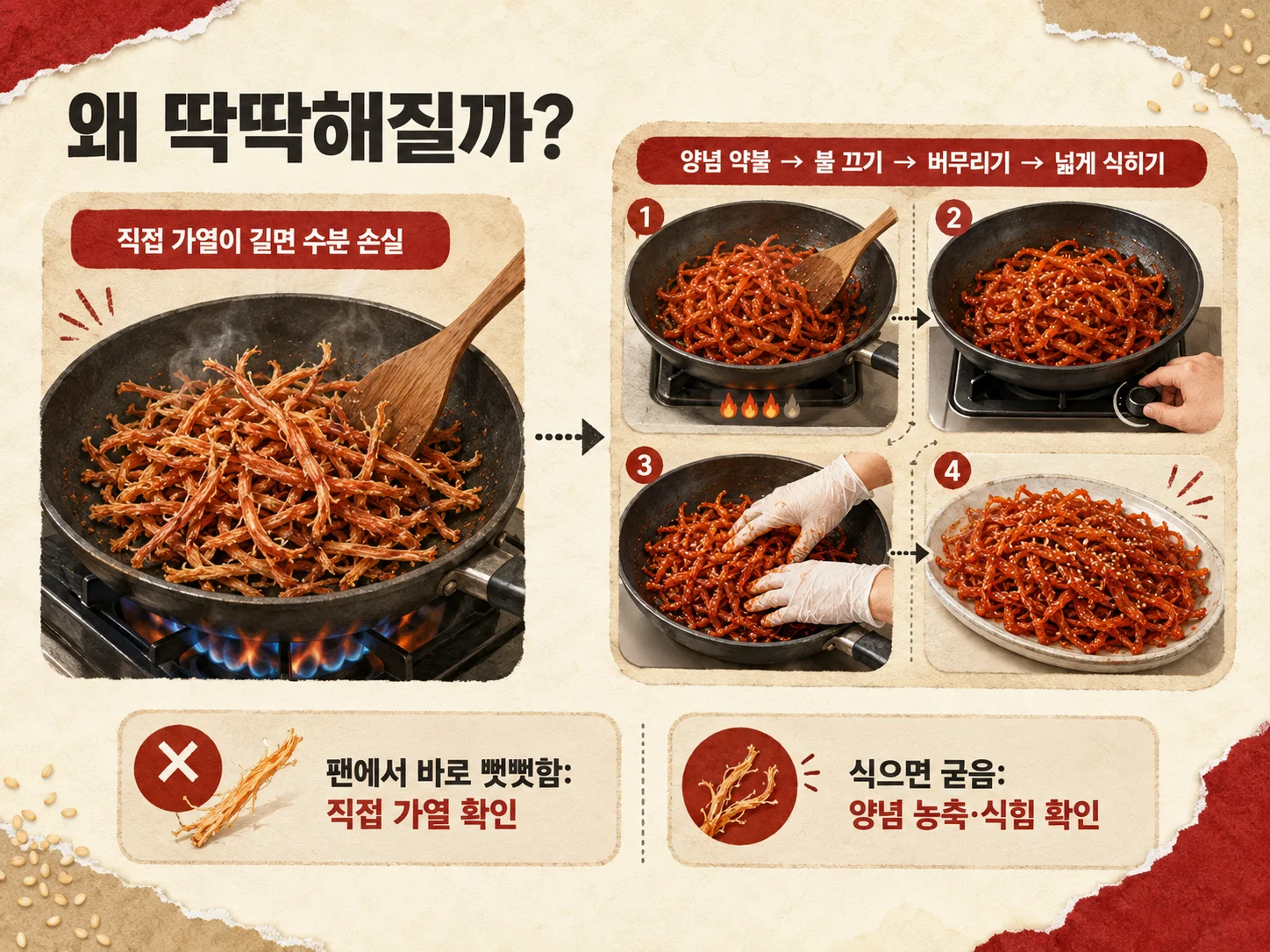 • 진미채볶음 딱딱함 원인과 조리 순서를 확인하는 모습