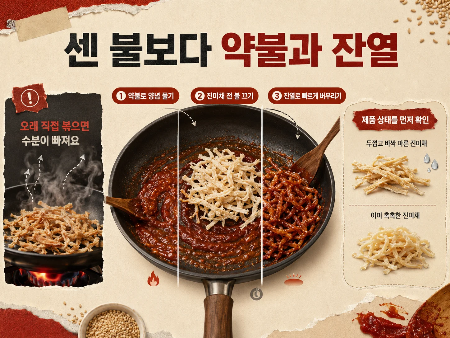 • 약불에서 양념을 풀고 진미채를 버무리는 조리 과정