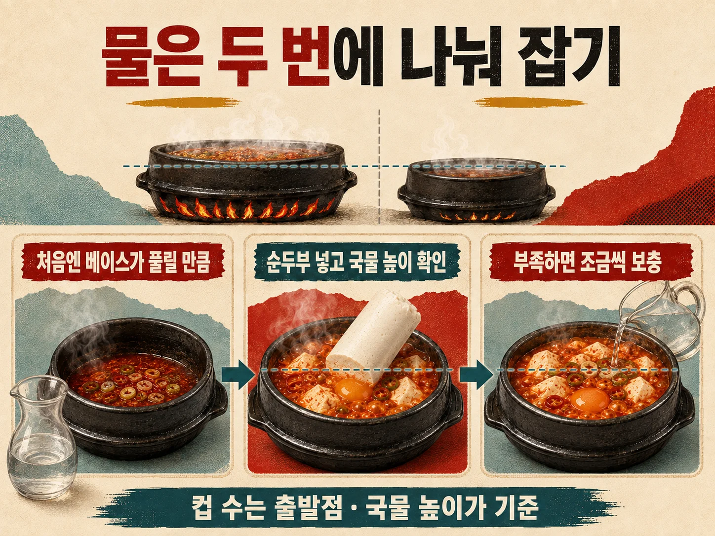 순두부찌개 물 양을 두 번에 나누어 조절하는 방법