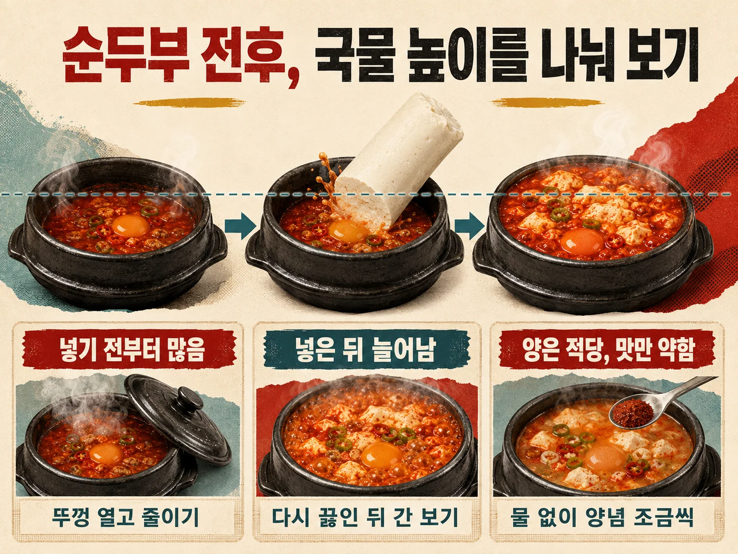 순두부 수분으로 달라진 순두부찌개 국물 높이 확인