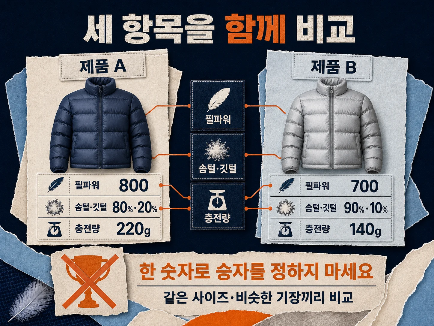 필파워·솜털 비율·충전량으로 패딩을 비교하는 표