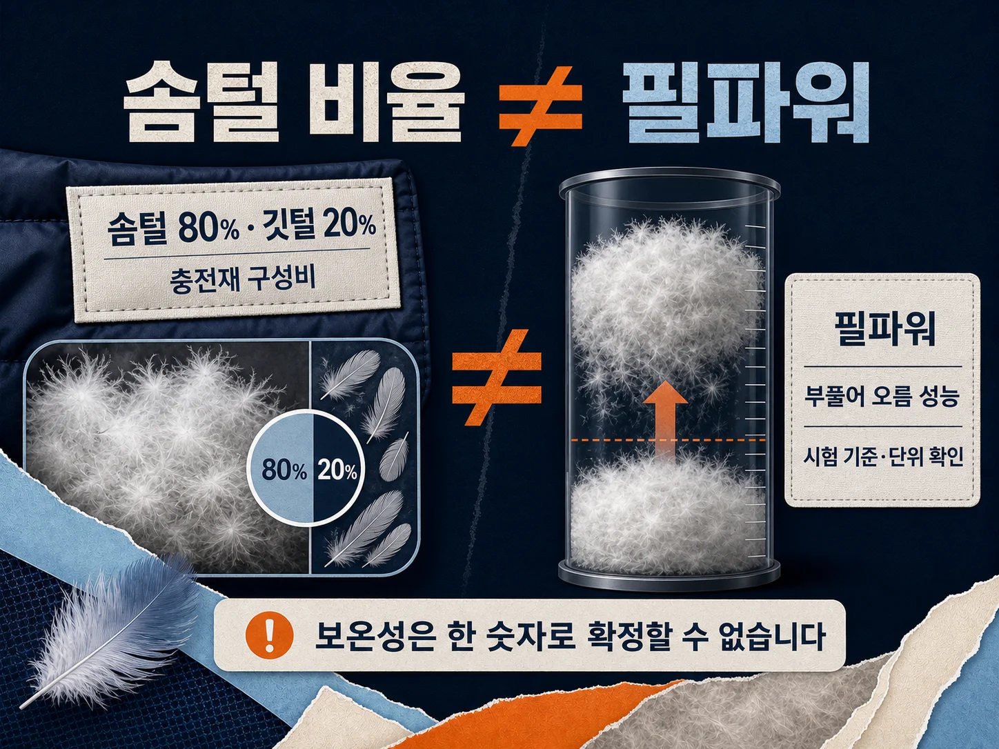 패딩 충전재의 솜털 비율과 필파워를 구분해 확인하는 장면