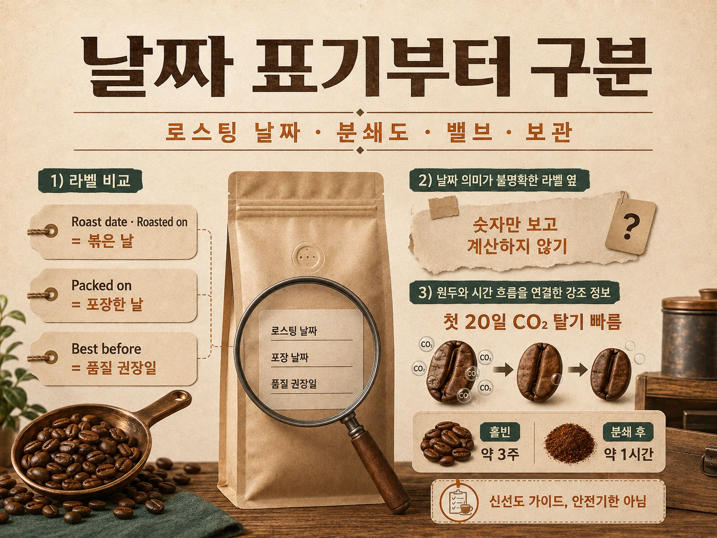 원두 봉투에서 로스팅 날짜와 포장 날짜를 구분하는 방법