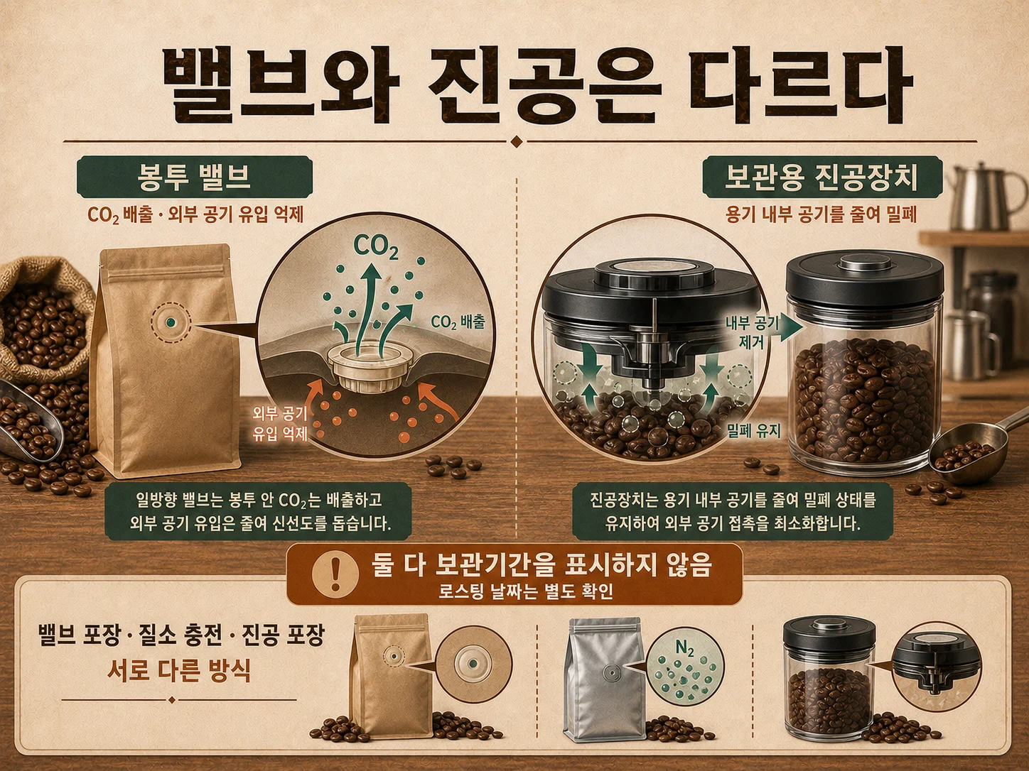 커피 원두 봉투 밸브와 진공 포장의 역할 비교