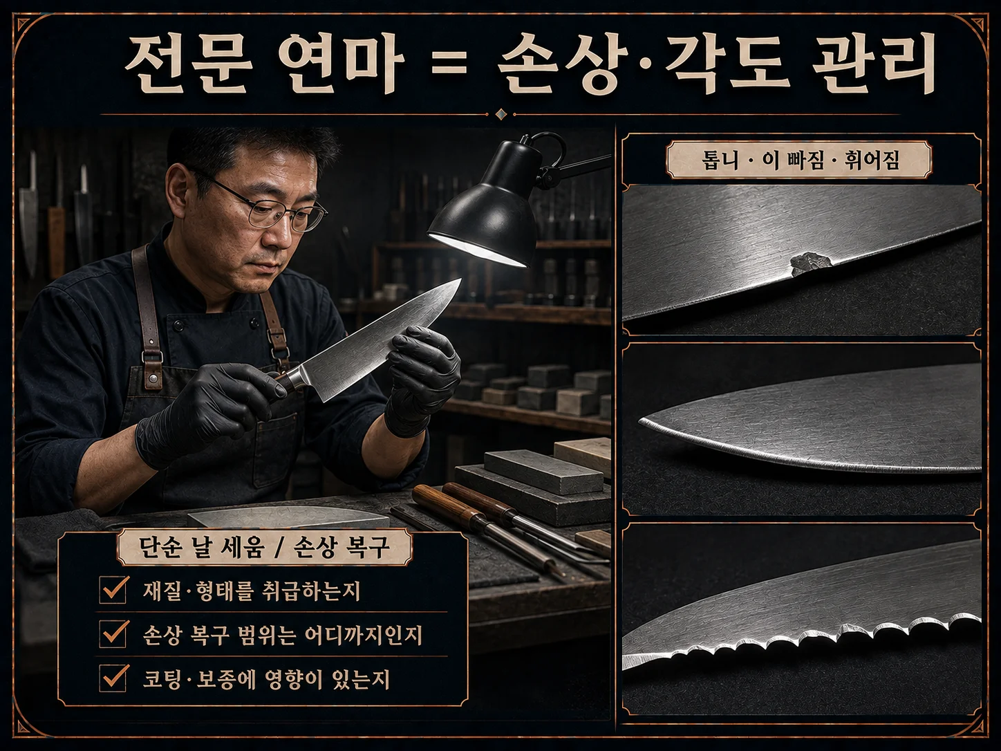 손상된 주방칼 전문 연마를 맡겨야 하는 상태
