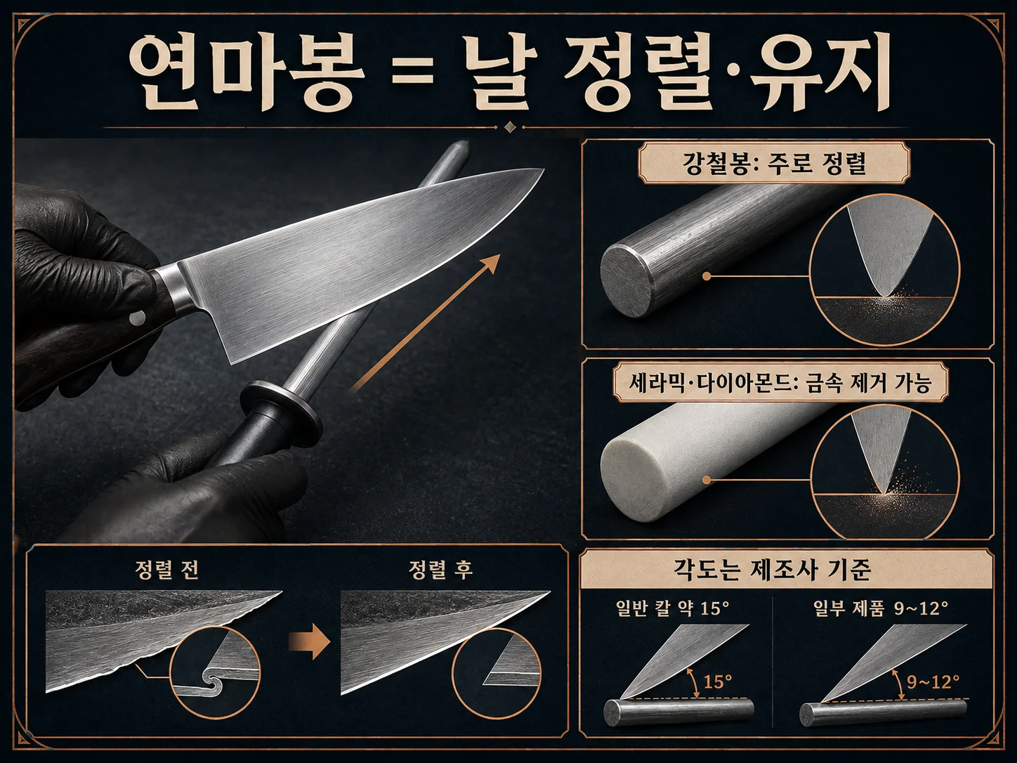 연마봉으로 주방칼 날을 정렬·유지하는 기준