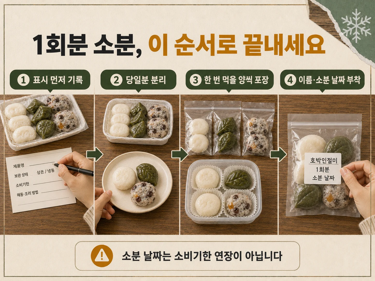 창억떡을 1회분씩 포장하고 날짜를 기록하는 냉동 보관 방법