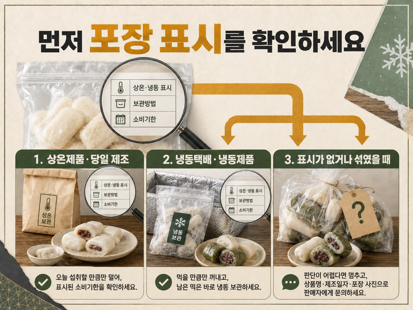창억떡 포장지의 상온·냉동 표시와 소비기한 확인 장면
