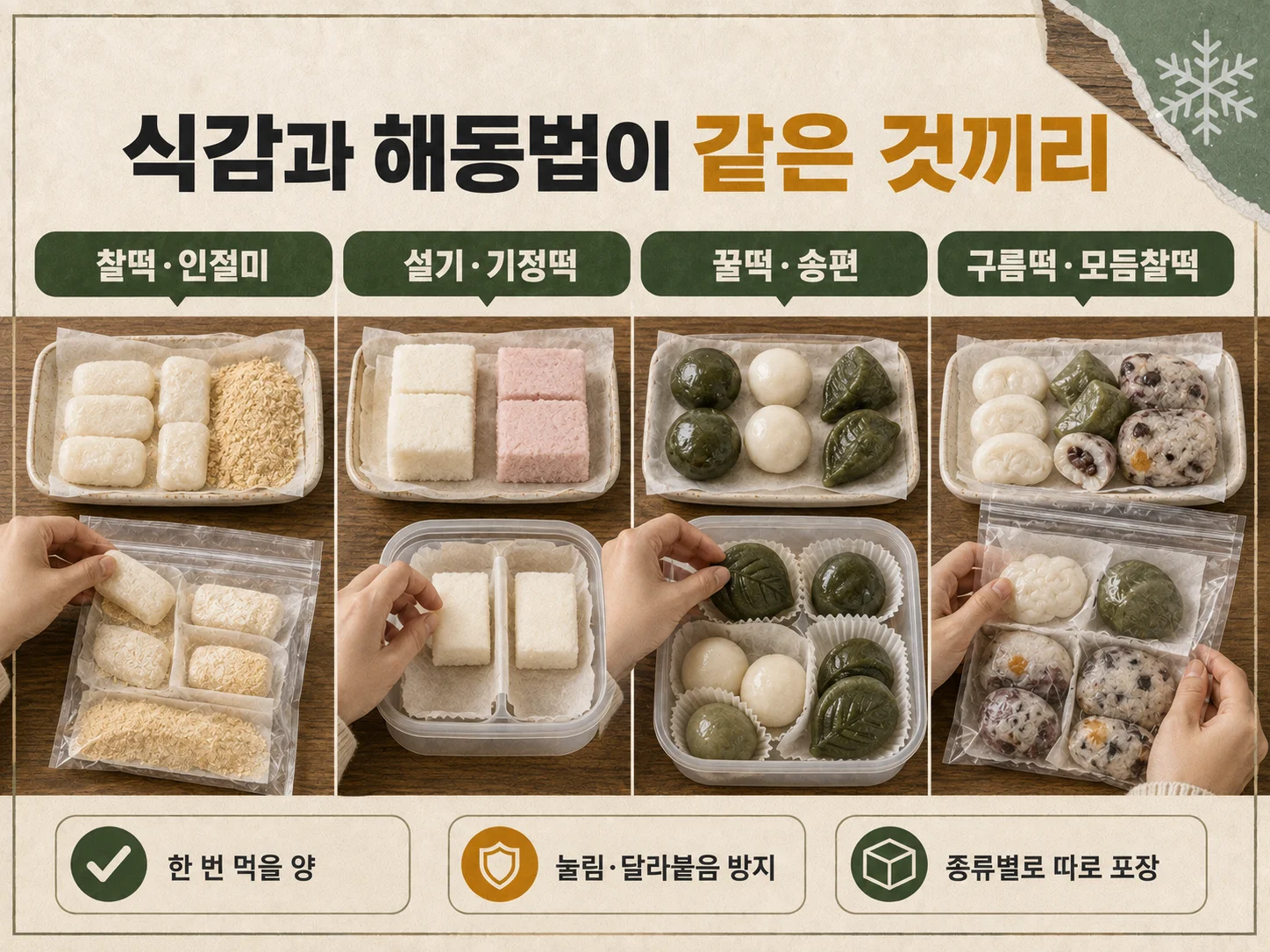 인절미·설기·송편 등 창억떡 종류별 소분 보관 모습