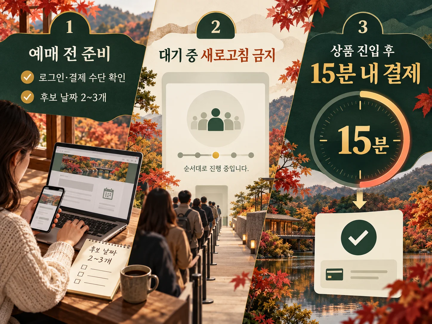 화담숲 예매 대기 화면과 15분 결제 제한 확인 안내
