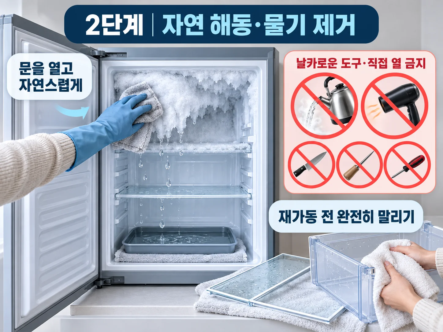 냉동실 성에 자연 해동과 녹은 물기 제거 방법