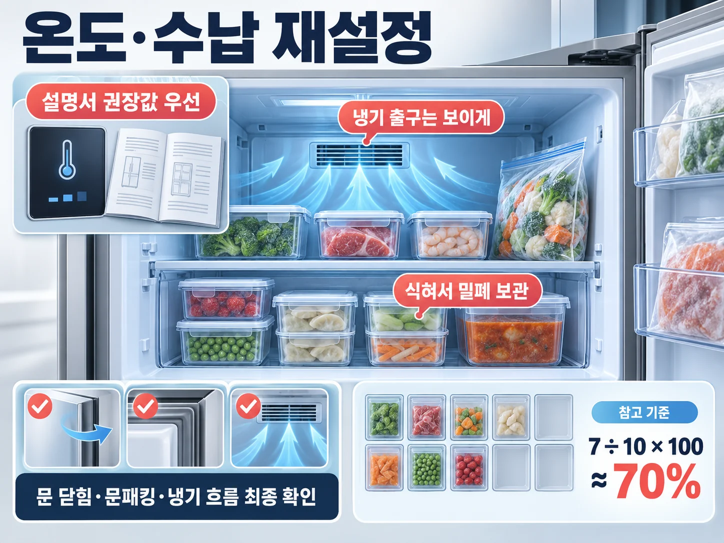 냉동실 온도 조절과 수납량 70% 계산 기준