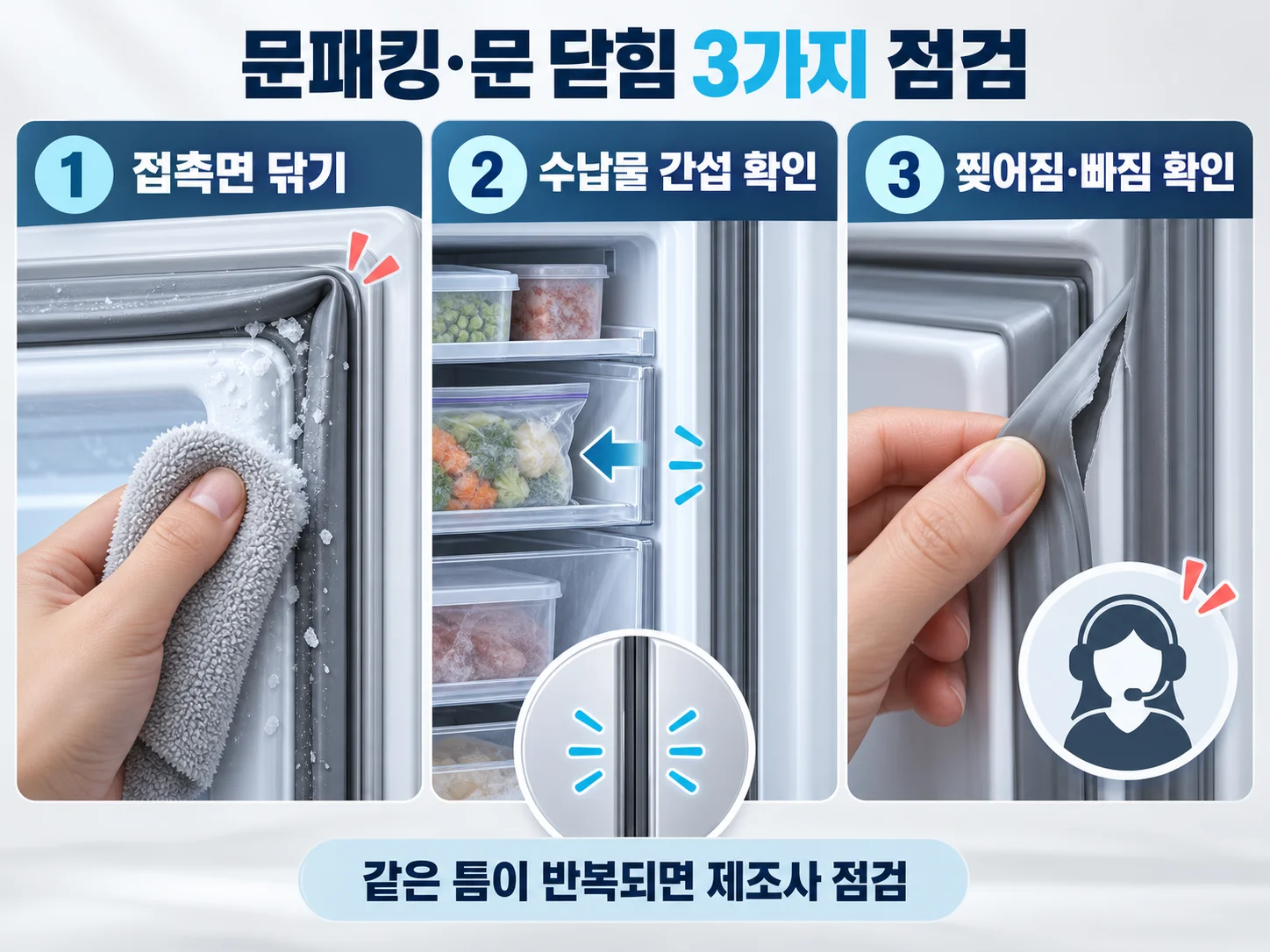 냉동실 문패킹 밀착과 문 닫힘 점검 방법
