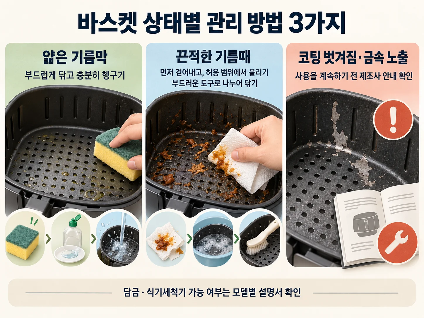 에어프라이어 바스켓 상태별 기름막과 손상 코팅 관리 방법