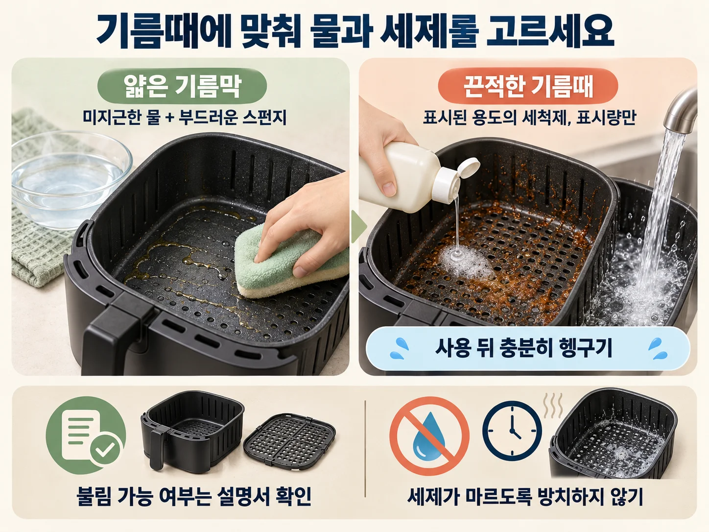 에어프라이어 바스켓 기름때 정도에 따라 물과 중성세제를 선택하는 기준
