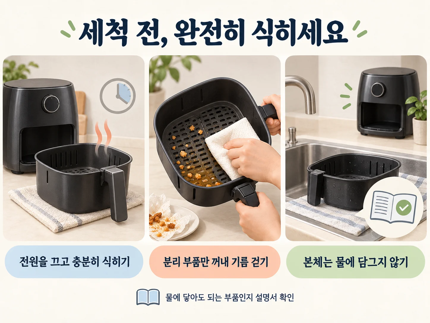 에어프라이어 바스켓을 완전히 식힌 뒤 분리해 기름때를 걷어내는 과정