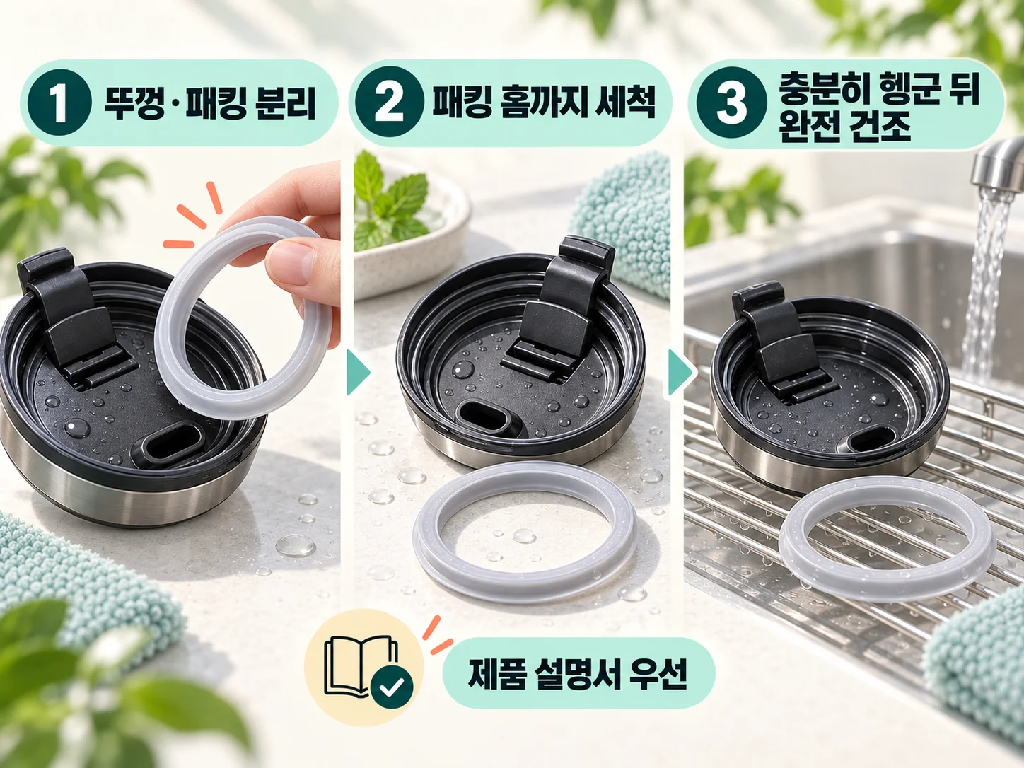 텀블러 뚜껑에서 패킹을 분리해 세척하는 순서