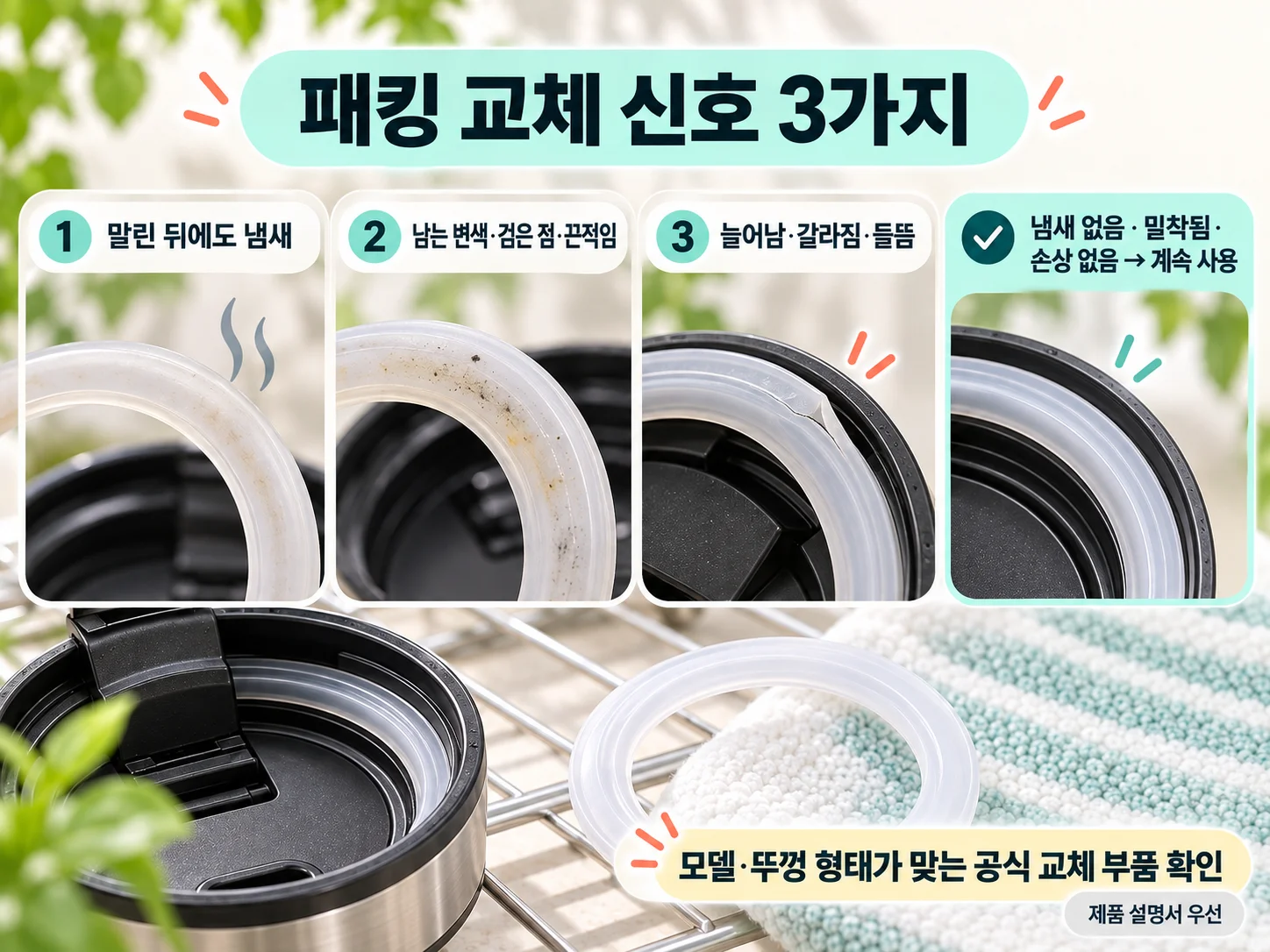 냄새와 변색 및 갈라짐으로 텀블러 패킹 교체를 판단하는 기준