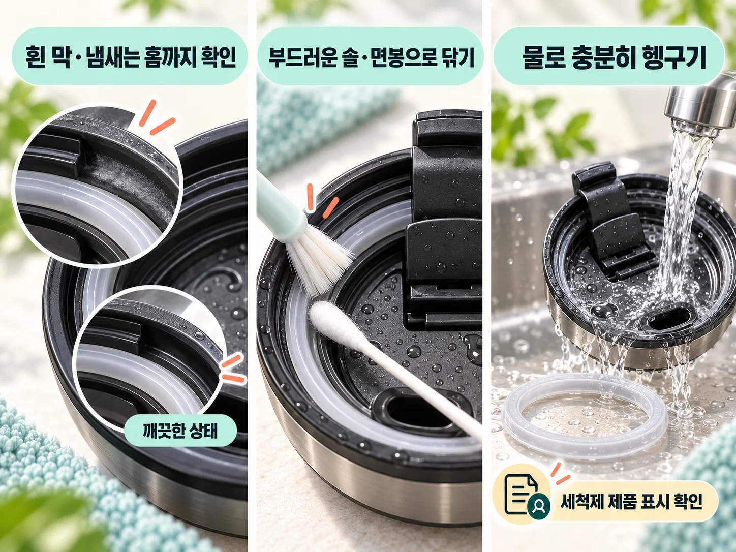 텀블러 패킹 홈과 뚜껑 안쪽을 부드러운 솔로 세척하는 방법