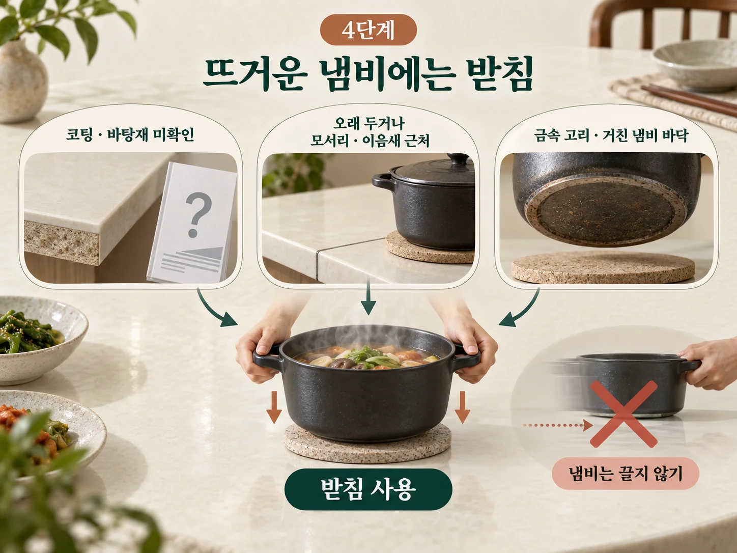 세라믹 식탁에 뜨거운 냄비를 올릴 때 냄비 받침 사용 기준