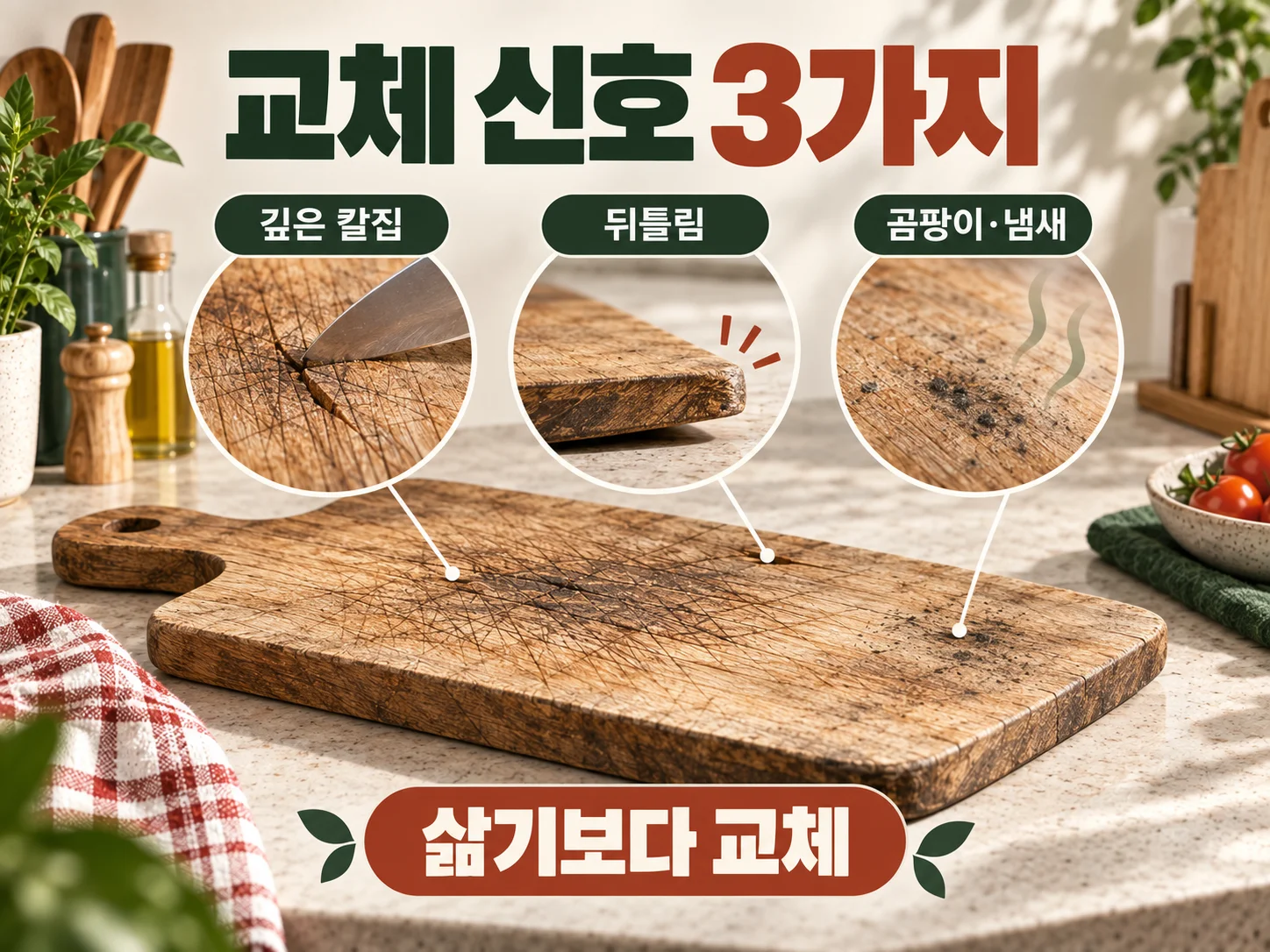 도마 교체 신호인 깊은 칼집·뒤틀림·곰팡이 확인