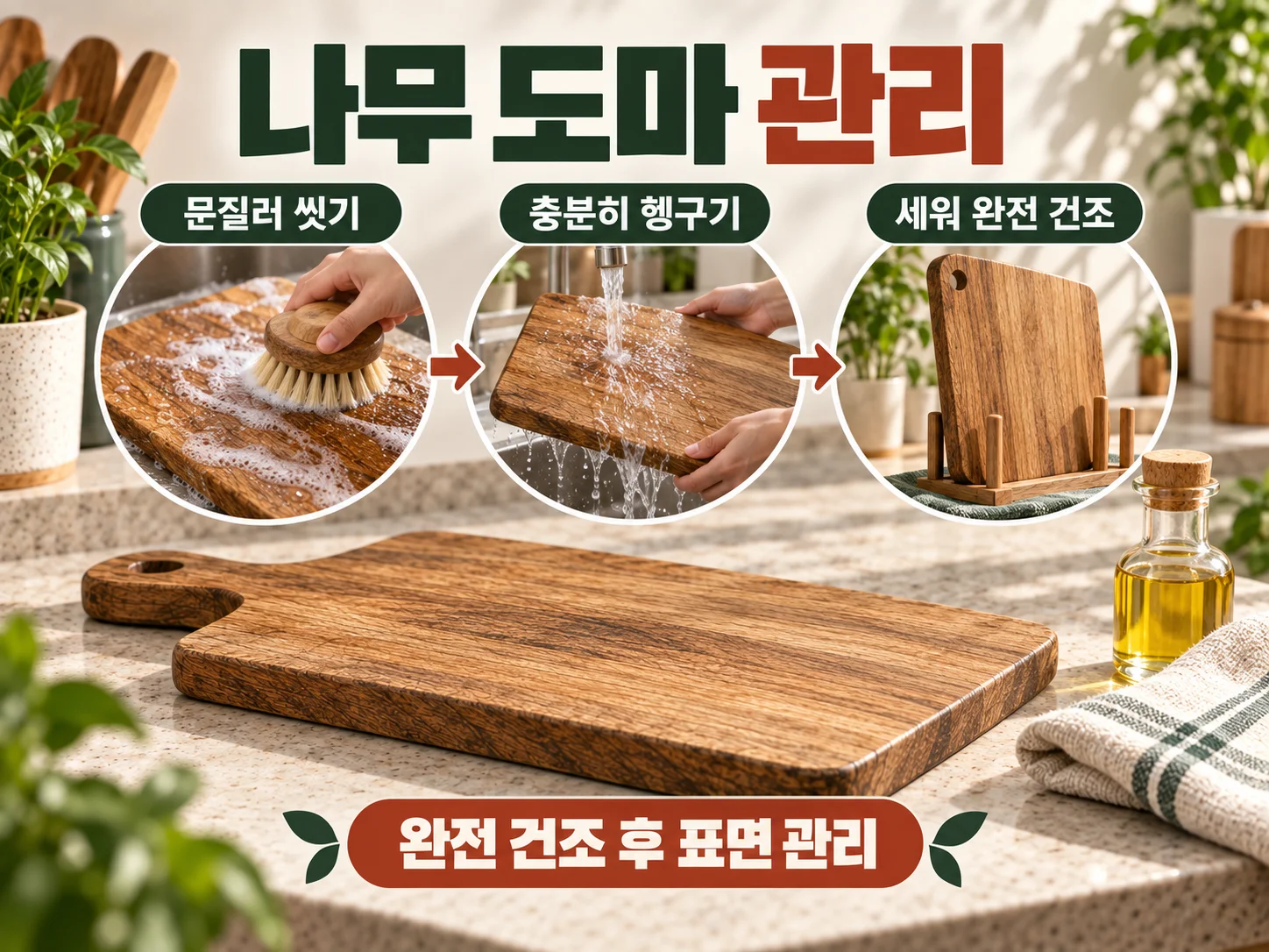 나무 도마 세척 후 완전 건조와 표면 관리