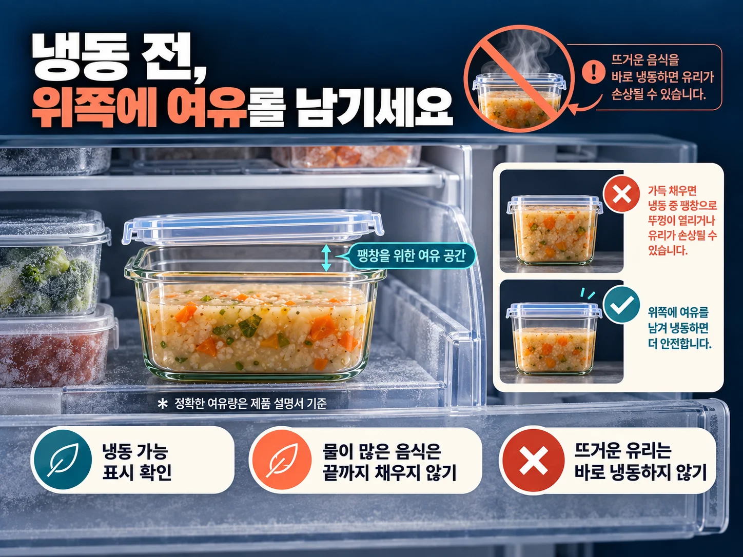 식품보관용기 냉동 보관 시 음식 팽창 여유와 파손 주의