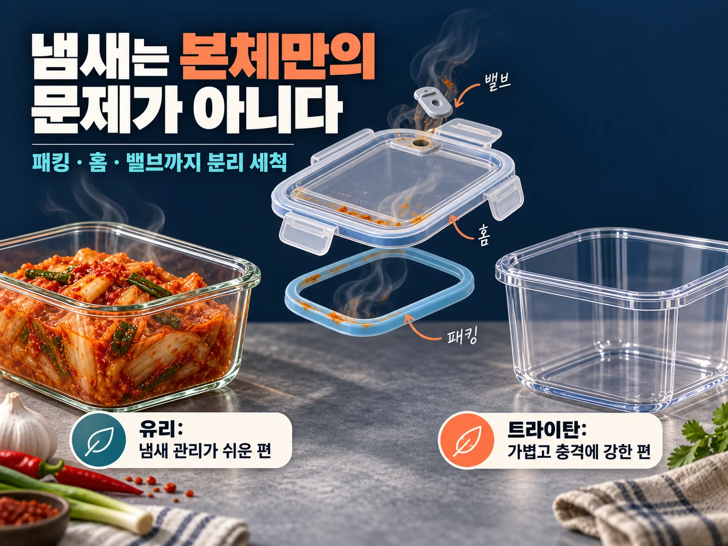 식품보관용기 냄새와 유리·트라이탄·스테인리스 재질 비교