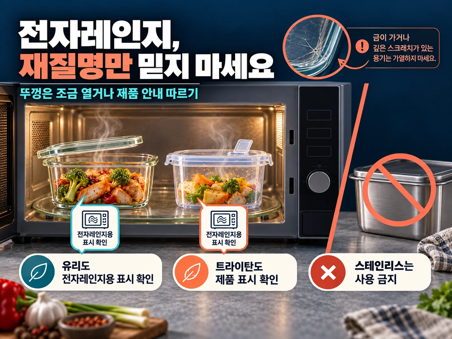 식품보관용기 전자레인지 사용과 본체·뚜껑 표시 확인