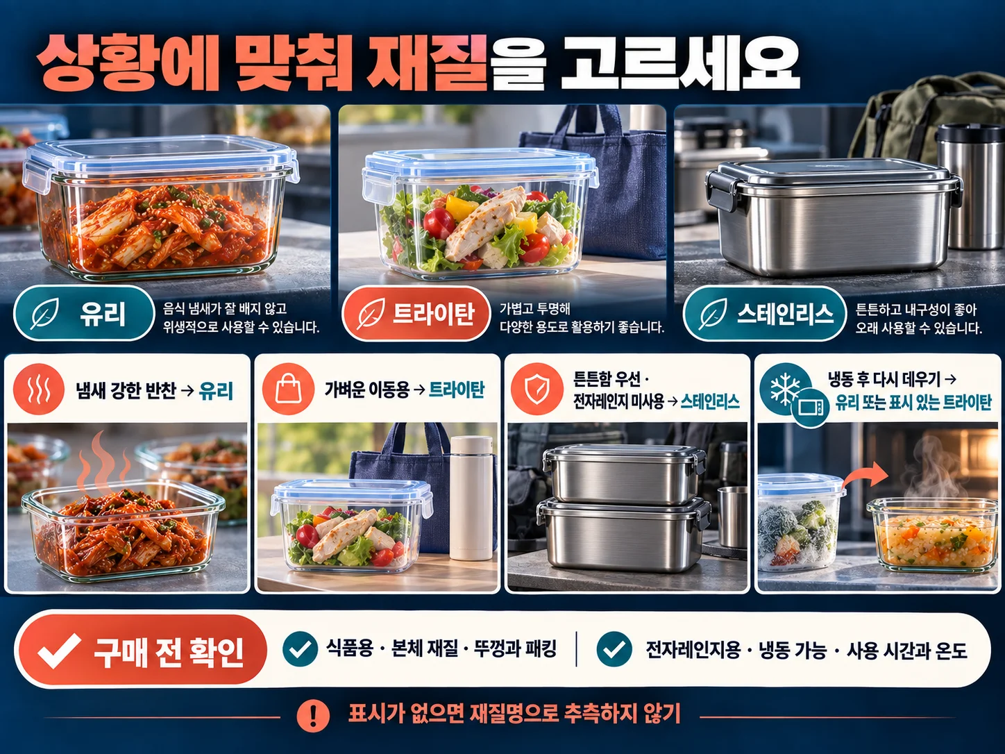 식품보관용기 상황별 유리·트라이탄·스테인리스 선택 기준