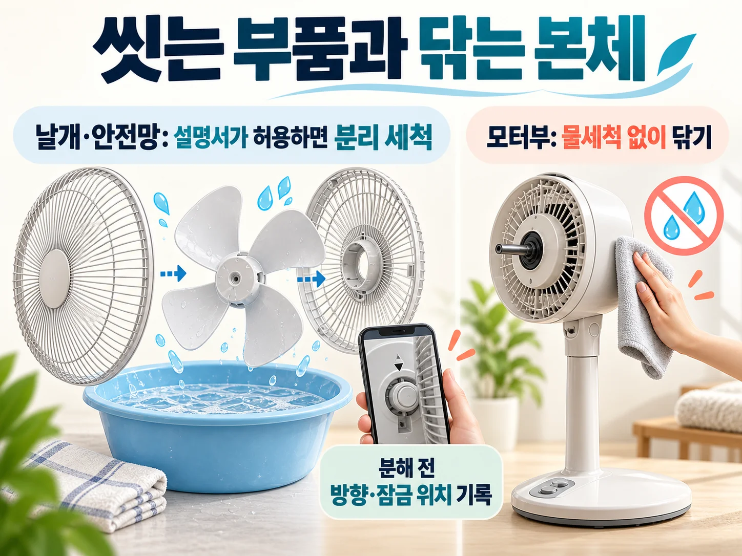 선풍기 날개와 안전망은 물세척하고 모터부는 닦는 기준