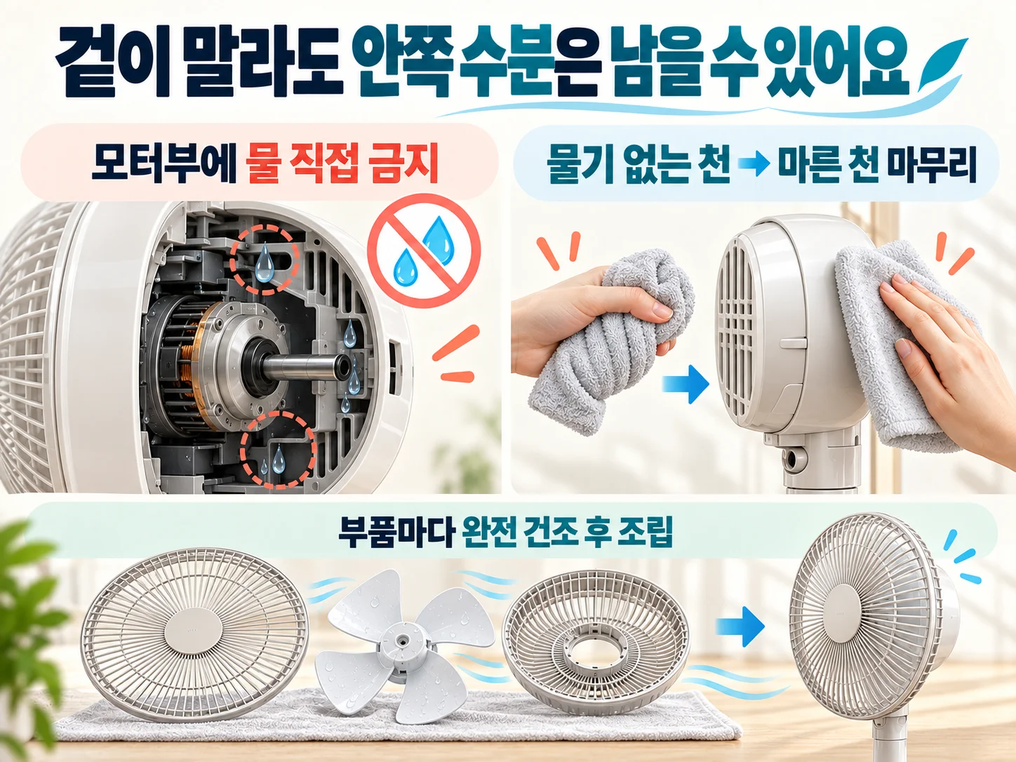 선풍기 모터부와 젖은 천에 남은 물기를 완전히 제거하는 방법
