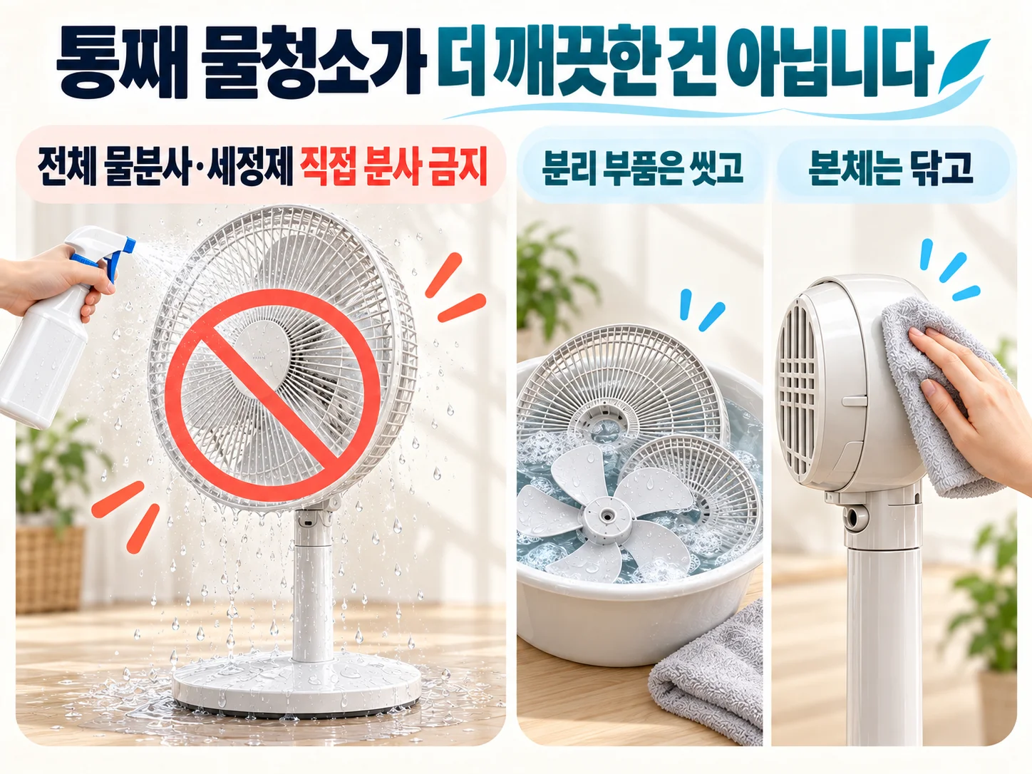 선풍기 전체 물세척을 피하고 부품별 청소 방법을 나누는 원칙