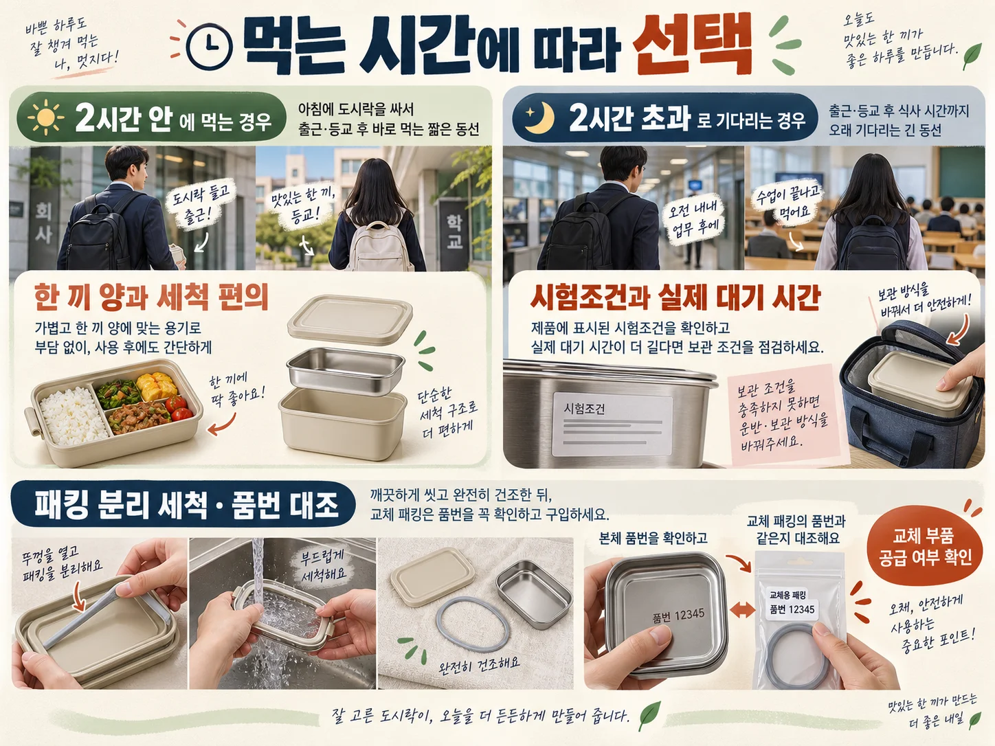 보온도시락 패킹의 분리 세척과 교체 부품 공급 여부를 확인하는 안내