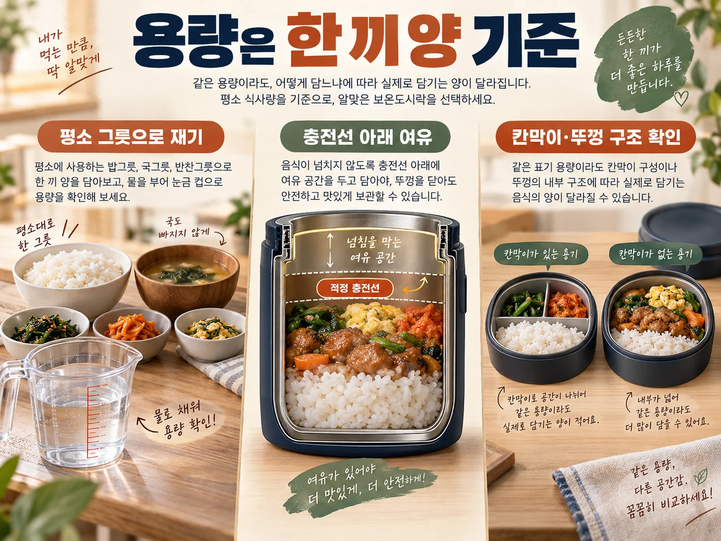 보온도시락 용량을 한 끼 양과 빈 공간 기준으로 비교하는 안내