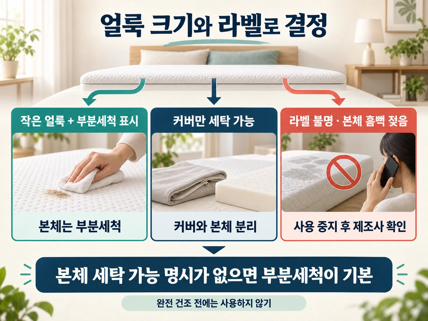메모리폼 토퍼 얼룩 크기와 라벨에 따른 세척 선택 및 자주 묻는 질문