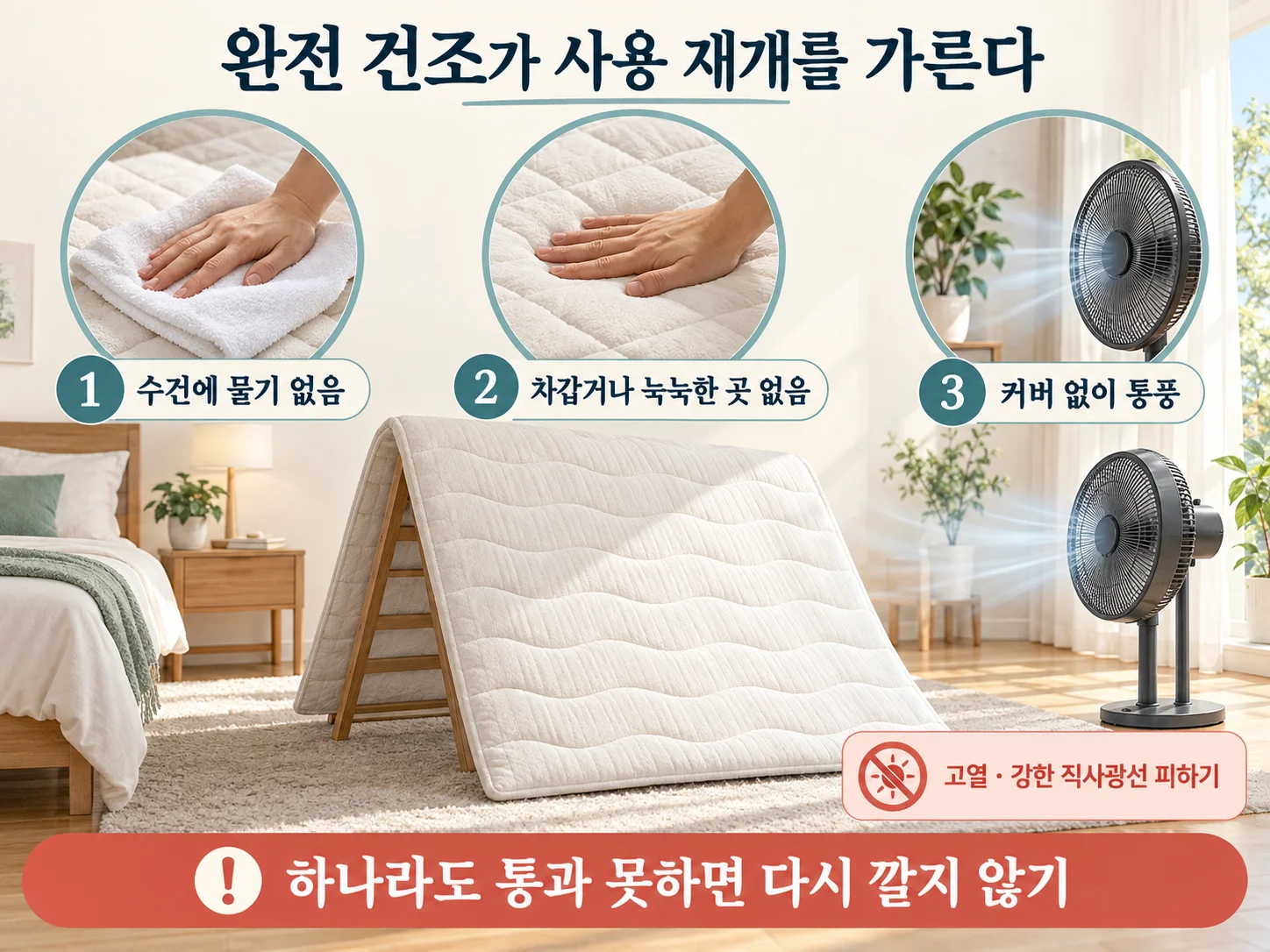 메모리폼 토퍼 완전 건조를 위한 수건·촉감·통풍 확인