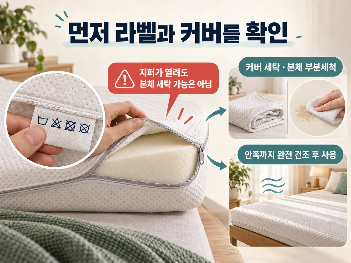 메모리폼 토퍼 세탁 라벨과 커버·폼 본체 분리 확인