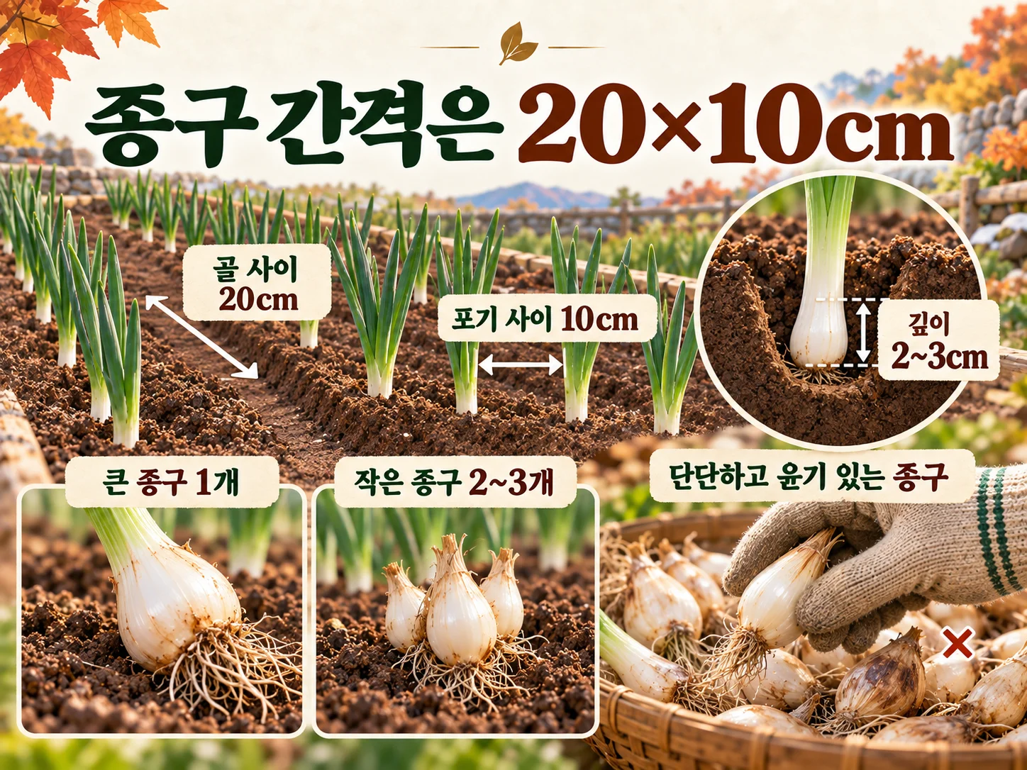 쪽파 종구 간격 20×10cm와 건강한 종구 선택 기준