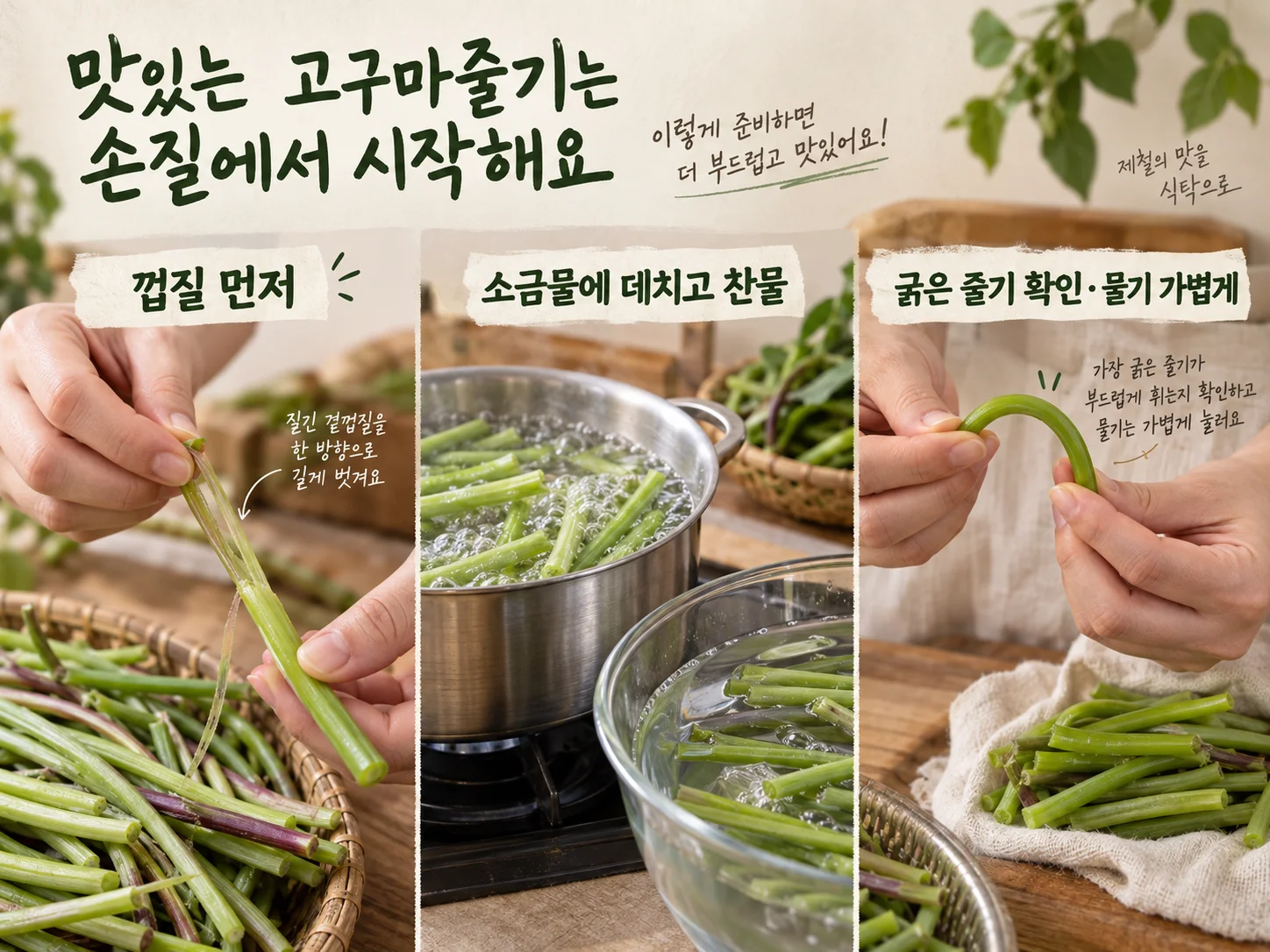고구마줄기 껍질 제거와 질긴 섬유 손질