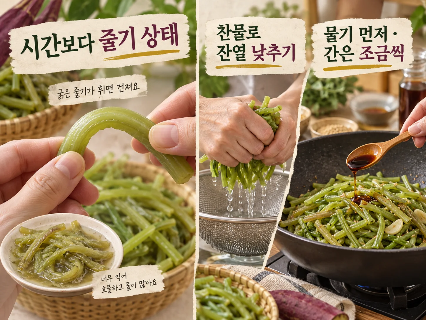 고구마줄기볶음 물기 제거와 간 맞추기